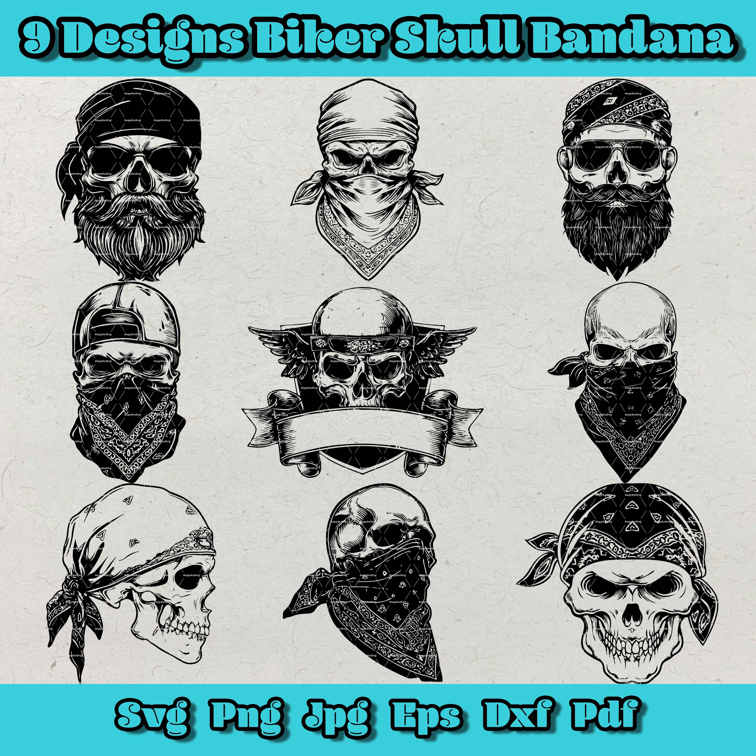 バイカースカルバンダナSVGバンドル：グランジレーザー彫刻クリップ