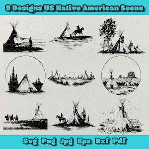 May include: Nine black and white designs featuring US Native American scenes. The illustrations include teepees, landscapes, and figures on horseback. The text at the top reads "9 Designs US Native American Scene". The bottom text lists file formats.