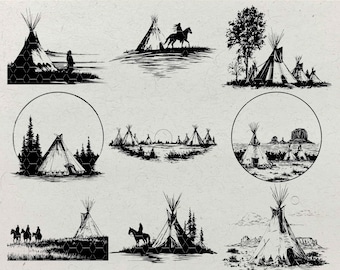 Native American Tipi Scene SVG Bundle: Rustic Western Illustrations (Laser Engraving & Print)