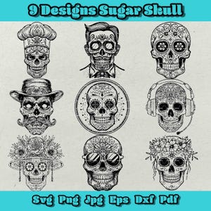 Zuckerschädel-Svg-Bundle, Calavera Tag der Toten Silhouette, Halloween-Schädel-Svg, Party Png, Gentleman Schädel Png, Koch Zuckerschädel Dxf, Eps