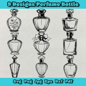 May include: Nine black and white line drawings of perfume bottles. The bottles are various shapes and sizes, some with decorative details like bows and flowers.