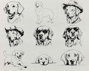 Puede incluir: Se muestran nueve diseños de Golden Retriever en blanco y negro. Los diseños incluyen retratos del perro, algunos con gafas de sol o sombrero de vaquero. El texto "9 Designs Golden Retriever" está en la parte superior y las opciones de tipo de archivo en la parte inferior.