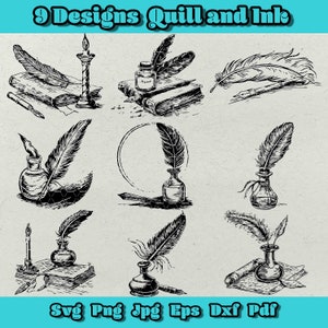 Quill and Ink Svg Bundle, Quill Pen Ink and Book Svg, Ink Bottle Png, Inkwell Svg, Nostalgy, Literary Elegance, Dark Academia,Writer's Dream