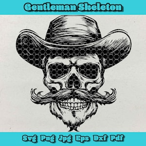 Gentleman skelet Svg, besnord skelet Png, grappig Gentleman Skeleton Design Dxf, Halloween-skelet Png, Gentleman Skeleton silhouet