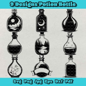 May include: Nine black and white illustrations of potion bottles with different designs. The designs include a moon, stars, a forest, a river, and flowers.