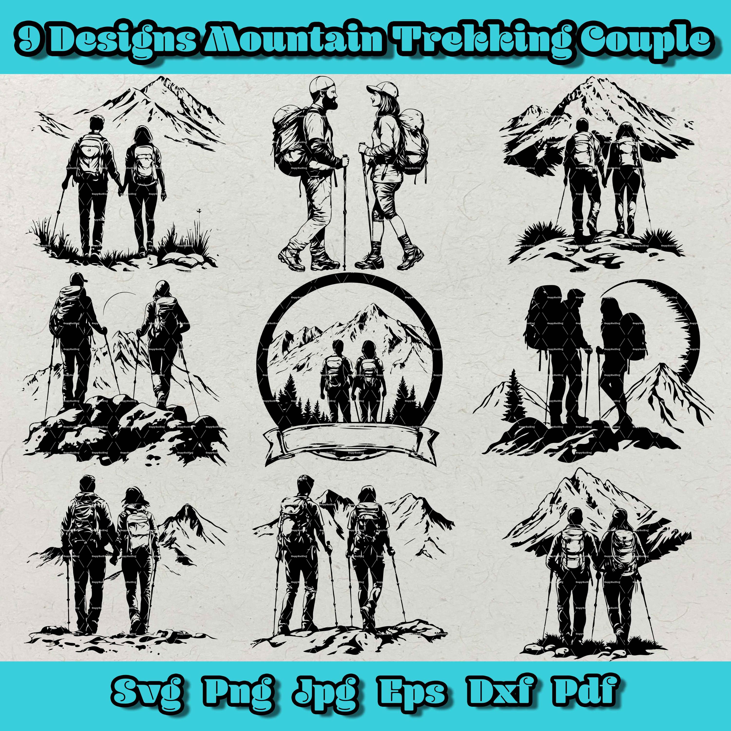 Mountain Hiking Couple SVG Bundle: Trekking Silhouettes (laser