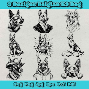 ベルギーの K9 犬 SVG バンドル、警察の K-9 犬 PNG、SWAT 保護およびトレーニング犬 SVG、花柄のベルギーの K9 犬 DXF、覗く K9 犬 EPS