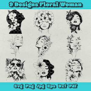 Floral Frau SVG Bundle, Ästhetische Frau Gesicht Png, Blumen Haar Clipart, Botanische Schönheit Eps, Abstrakte Lady Dxf, Elegante Weibliche Kunstdruck
