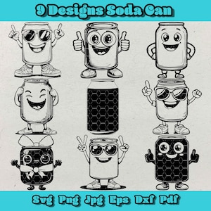 Soda Can SVG Bundle, Retro Cartoon Characters, Soda Clipart, Cute & Fun Cartoon Soda Can Clipart, Digital Design for Cricut and Sublimation