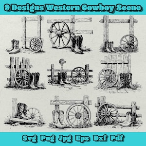 Pode incluir: Ilustrações a preto e branco de cenas de cowboys do Oeste. Cada design apresenta uma cerca de madeira, uma roda de carroça e botas de cowboy. A parte superior da imagem diz "9 Designs Western Cowboy Scene". A parte inferior da imagem diz "Svg Png Jpg Eps Dxf Pdf".