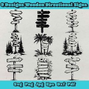 Paquete de señales direccionales de madera (SVG), letrero rústico (PPT), señal de carretera con flecha (EPS), señales de camping (DXF), señal forestal (Clipart), madera vintage (PPT)