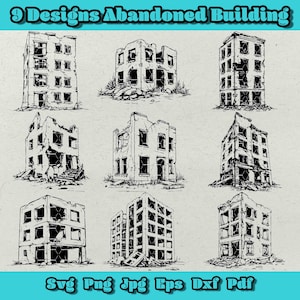 Paquete de Svg de edificio abandonado, clipart de ruinas embrujadas, casa abandonada antigua png, decadencia urbana espeluznante dxf, diseño de arquitectura rota espeluznante