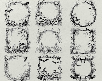 Paquete SVG de marco de Halloween: imágenes prediseñadas de monograma de calavera espeluznante (descarga digital)