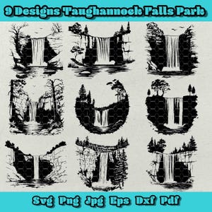 Lot Svg du parc des chutes Taughannock, clipart cascade pittoresque, paysage naturel png, parc naturel png, paysage forestier, rivière de montagne Svg