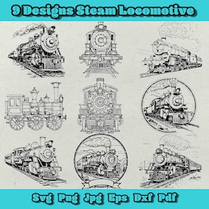 Paquete de SVG de locomotora de vapor, paquete de 9 diseños de trenes, SVG de tren negro, SVG de tren de carga, silueta de tren de pasajeros, locomotora de vapor vintage