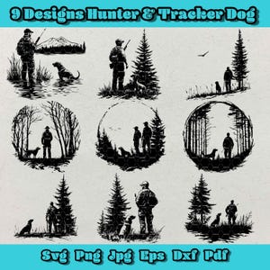 Jäger und Verfolger Hund SVG-Bundle, Jagdszene Silhouette, Outdoor Mann Hund Clipart, Waldjäger SVG, Wildtier Design, Laser Gravur Design