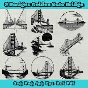 Golden Gate Bridge SVG Bundle, Landmark Clipart PNG, San Francisco DXF, 9 Designs para Artesanato, Arte de Viagem, Projetos de Vinil