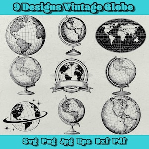 Könnte beinhalten: Neun Vintage-Globus-Designs in Schwarz-Weiß. Die Abbildung zeigt verschiedene Globus-Stile, darunter Globusse auf Ständern und eine flache Karte. Der Text "9 Designs Vintage Globe" steht oben. Dateityp-Optionen sind unten aufgeführt.