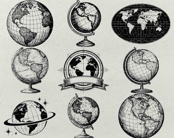 Vintage Globe SVG Bundle: Antique Line Art Clipart (Digital Download