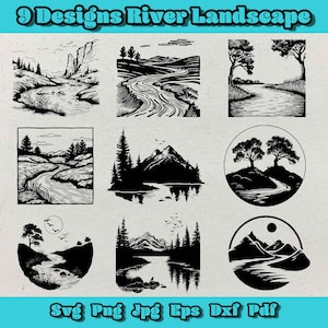 River Landscape Svg, 9 Desingns Svg, River Scene SVG Bundle, Lake Forest Clipart, Hand Drawn Vector Graphic Illustration, Landscape Svg, Png