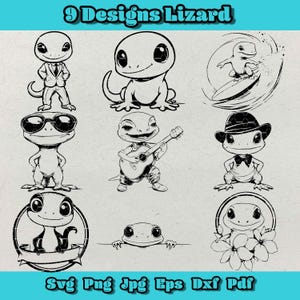 Eidechse SVG-Bundle, Floral Lizard Png, Eidechse im Anzug, Gecko Gitarre spielen Dxf, Surfing Gecko Png, Gentleman Gecko svg, Spähende Eidechse Eps Pdf