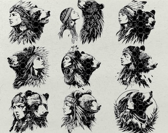 Native Woman and Bear SVG Bundle: Tribal Warrior Silhouettes (Digital Download)