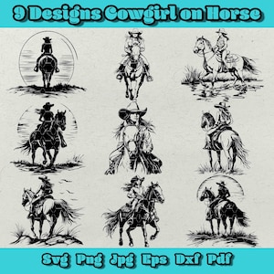Könnte beinhalten: Neun Schwarzweiß-Vektorillustrationen einer Cowgirl, die ein Pferd reitet. Die Cowgirl trägt einen Cowboyhut und Stiefel. Die Pferde sind in verschiedenen Posen. Die Illustrationen sind perfekt für die Verwendung in Bastelprojekten, Scrapbooking oder digitalem Design.
