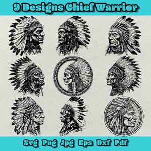May include: Nine black and white illustrations of Native American chiefs wearing headdresses. The chiefs are depicted in profile, with their faces and headdresses detailed. The illustrations are set against a white background.