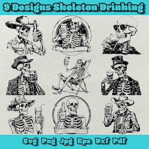 Skeleton Trinkt svg Bundle, Gothic Png, Halloween-Skelett Espng, Party Png, Gentleman Skeleton Trinkt Png, Skelett, das auf Deck-Stuhl trinkt