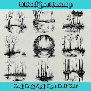 Bundle SVG marais, ensemble de cliparts marais, Svg de paysage de zone humide, grenouille et nénuphar Png, arbres des marais Dxf, pack Nature Design, téléchargement immédiat