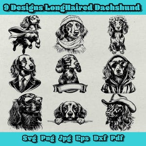 Long-Haired Dachshund SVG Bundle, 9 Adorable and Stylish Sausage Dog Cliparts for Dog Lovers, Pet Themed Crafts, T-Shirt Designs