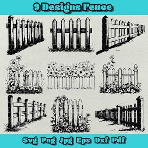 Fence Svg Bundle, Wooden Fence Clipart, Garden Barrier Png, Rustic Farm Fence Dxf, Vintage Gate Silhouette, Backyard Fence Design