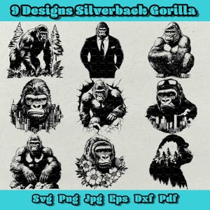 Silverback Gorilla SVG-Bundle, Gorilla in der Natur Clipart, Primate Stadt Kunst Png,Gorilla im Anzug Dxf,Gorilla in Blumen,Gorilla T-Shirt Design