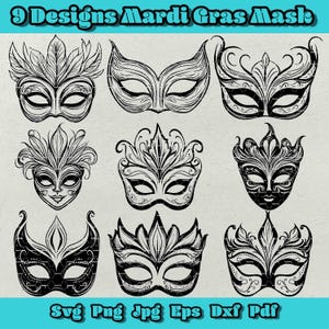 Pacote de Máscaras de Mardi Gras Svg, Clipart de Máscaras de Carnaval, Máscara de Baile Png, Festa Festiva Dxf, Conjunto de Design de Máscaras de Nova Orleans