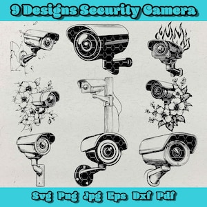 以下が含まれることがあります： さまざまなスタイルのセキュリティカメラの白黒イラストが9つあります。一部のカメラは花や炎で飾られていたり、ポールに取り付けられています。画像の上部に「9 Designs Security Camera」というテキストが表示されています。