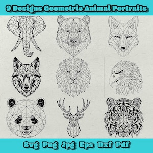 Pacchetto SVG di ritratti geometrici di animali selvatici, ritratto geometrico di lupo SVG, ritratto geometrico di leone SVG, ritratto geometrico di orso SVG, volpe geometrica