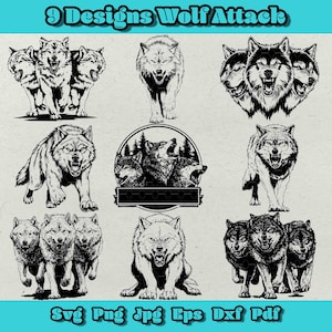 Puede incluir: Una colección de nueve diseños de lobos en blanco y negro. Los diseños incluyen lobos en varias poses, como corriendo, gruñendo y aullando. El texto "9 Designs Wolf Attack" está en la parte superior, con opciones de tipo de archivo en la parte inferior.