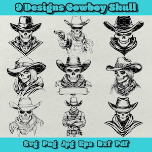 Paquete de Svg de calavera de vaquero, clipart de calavera occidental, calavera de pistolero PNG, sombrero de vaquero Dxf, conjunto de diseño de esqueleto de forajido para manualidades