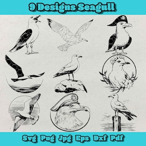 Pacchetto SVG di gabbiani, Clipart di uccelli pirati, PNG di gabbiani floreali, Set SVG nautici, DXF di uccelli in volo, Arte con animali dell'oceano, PDF per amanti della spiaggia