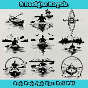 Kayak Svg Bundle, 9 Lake Kayaking Silhouettes, Canoe Svg Clipart, Outdoor Adventure Svg Pack, Nature Paddle Designs for Cricut & Sublimation