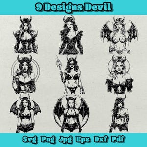 Devil Svg Bundle, 9 Devil Engraving Files,Beautiful Female Devil Png,Devil Costume,Devil Silhouette,Devil Tattoo Design Svg,Supernatural Dxf