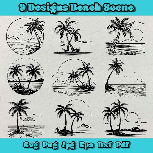 Beach scene svg bundle, Sunset beach svg, sunset landscape, Nature scene, tropical svg files Instant Download, palm tree svg, sea turtle svg