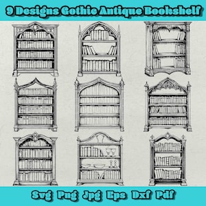 Gothic Antique Bookshelf SVG Bundle: Vintage Furniture Clipart (9 Design Files)