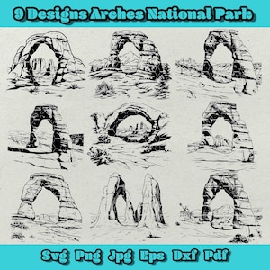 May include: Nine black and white line drawings of arches in Arches National Park. The drawings are in a variety of styles, some with more detail than others. The drawings are all set against a white background.