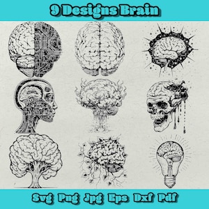 Könnte beinhalten: Neun Schwarzweiß-Illustrationen von Gehirnen in verschiedenen Stilen. Die Gehirne sind als Baum, Schädel, Glühbirne, Schaltkreis und mehr dargestellt. Der Text "9 Designs Brain" befindet sich oben im Bild. Der Text "Svg Png Jpg Eps Dxf Pdf" befindet sich unten im Bild.