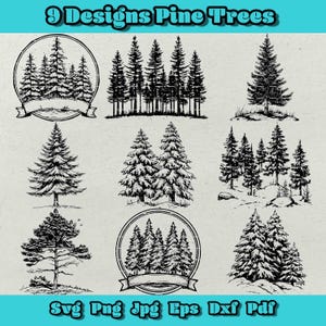Bundle Svg pins, 9 dessins de pins Svg, Svg camping, Nature Png, Forêt de pins Eps, Cône de Noël de conifères, Paysage Svg Eps