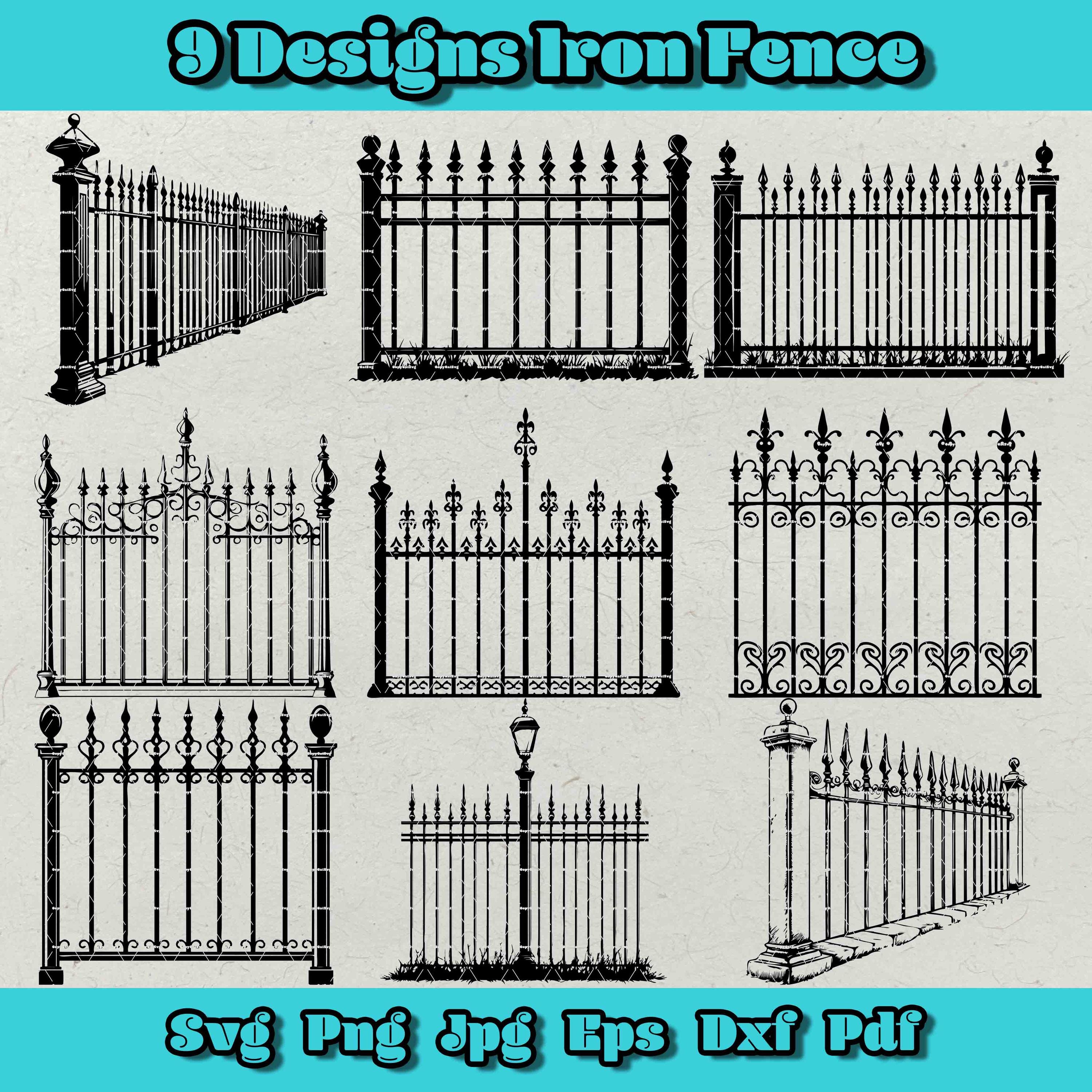 Iron Fence Svg Bundle, Wrought Iron Gate Clipart, Vintage Metal Fence Png, Decorative Garden Barrier Dxf, Ornamental Fence Design