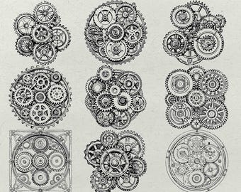 May include: Nine black and white illustrations of different mechanical gear cogs. The designs are intricate and detailed, showing the complex workings of a machine.
