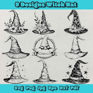 May include: Nine black and white witch hat designs with various embellishments, including flowers, stars, and a banner. The text "9 Designs Witch Hat" is at the top of the image. The text "Svg Png Jpg Eps Dxf Pdf" is at the bottom of the image.