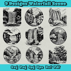 May include: Nine black and white illustrations of waterfall scenes. Each illustration is a circle with a waterfall, trees, and rocks. The illustrations are set against a light gray background.